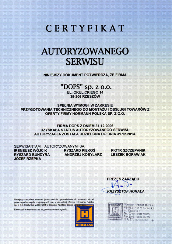 certyfikat serwis hormann