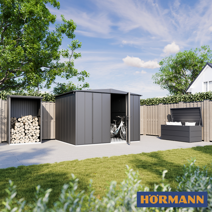 Domki ogrodowe i pasujące do nich stojaki na drewno oraz skrzynie ogrodowe